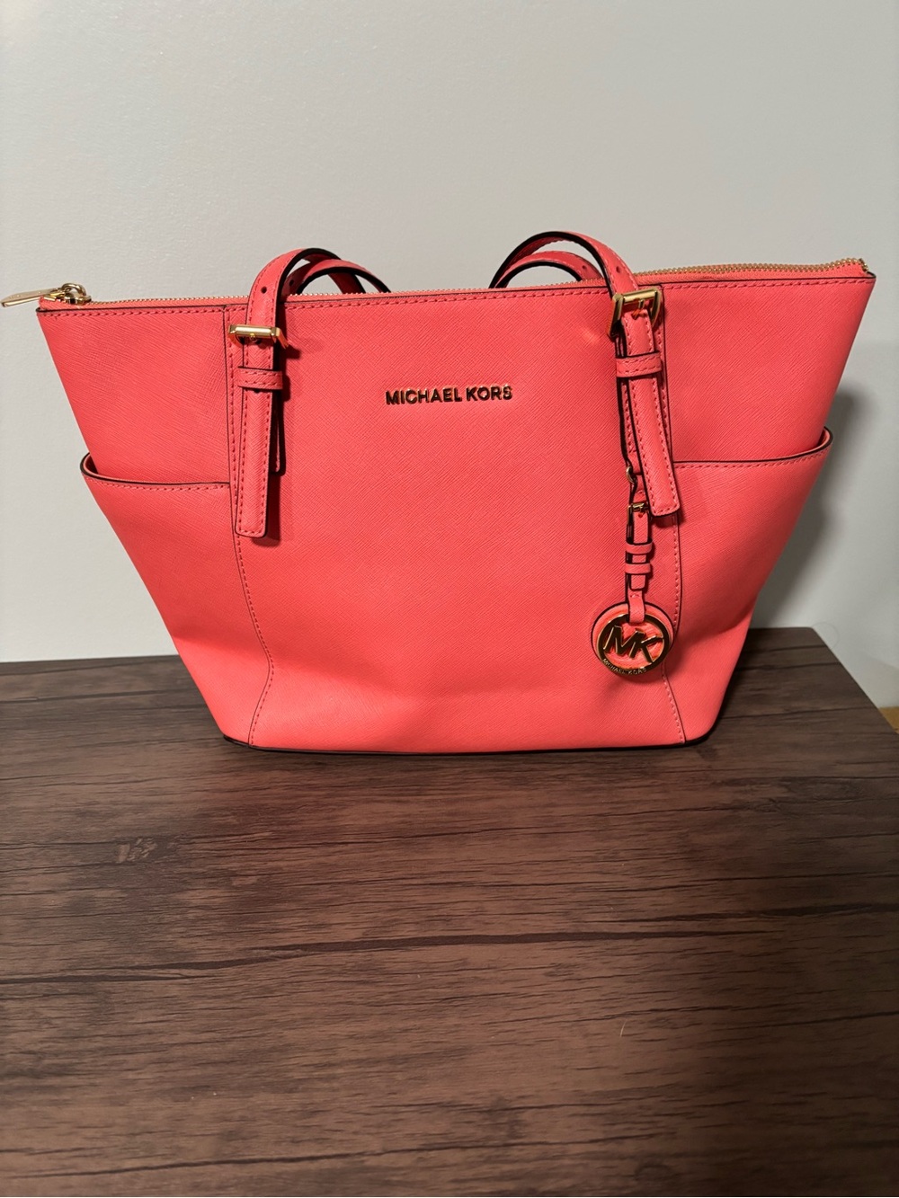 Michael Kors Coral-Pink Saffiano Tote with Gold Hardware